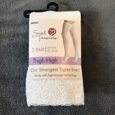 Sec Treas Women's White Lace Top Opaque 60 Denier Thigh High Tights 2 Pair Missy